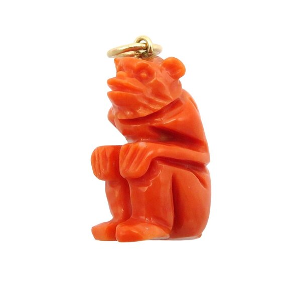 Vintage 14K Gold Carved Coral Grotesque Demon Amulet Charm Pendant 1930s - Picture 5 of 10